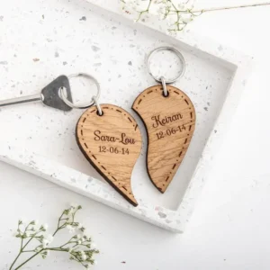 Personalized wooden couple keychain.