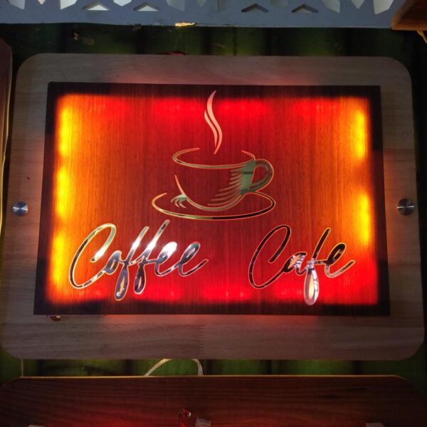 Trending Wooden Base LED Sign Board with illuminated LED lights, natural wood base, and customizable design for modern decor.